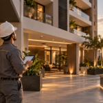 Profissional realizando manutenção preventiva em condomínio residencial moderno