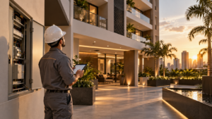 Profissional realizando manutenção preventiva em condomínio residencial moderno